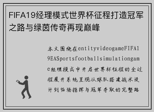 FIFA19经理模式世界杯征程打造冠军之路与绿茵传奇再现巅峰